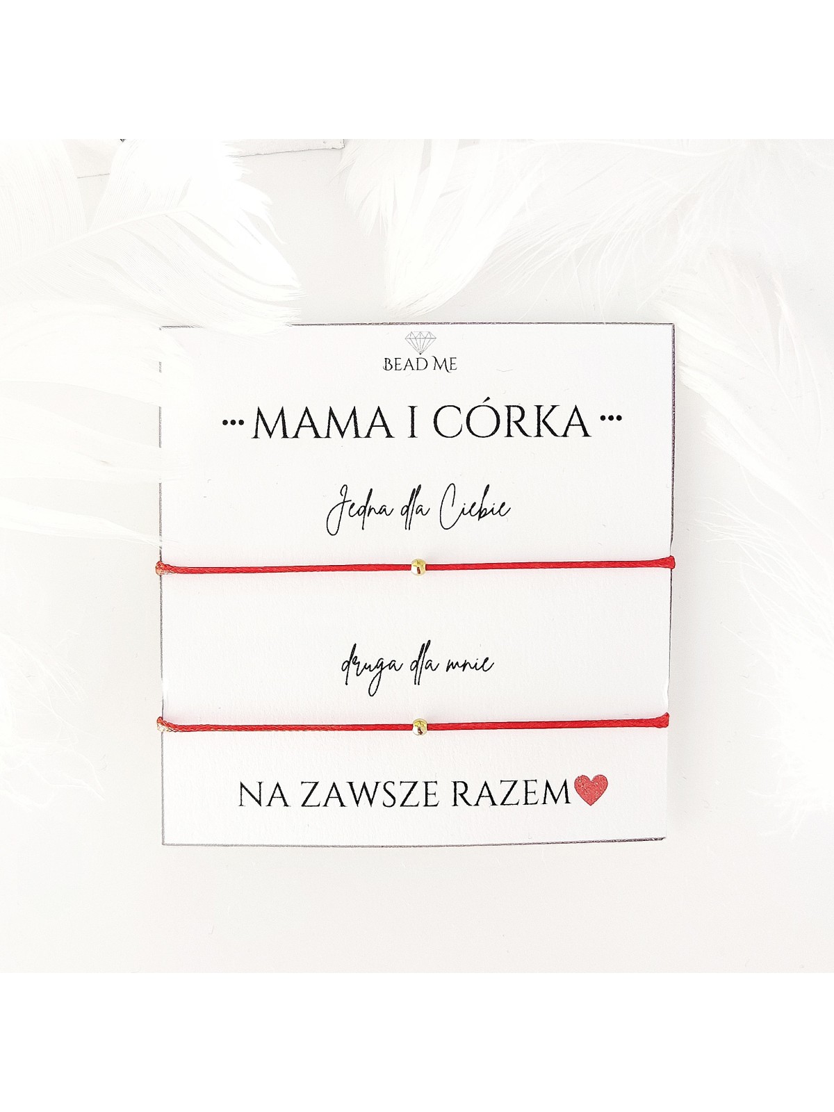 Bransoletka Mama i Córka ze złotym koralikiem na czerwonym sznurku