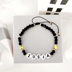 Bransoletka na sznurku z imieniem ze złotymi serduszkami z hematytu