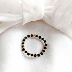 Pierścionek z Koralików Czarno Złoty Kamienie kryształki elastyczny