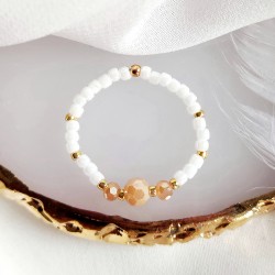 Pierścionek z Koralików na Elastycznej Gumce - Perłowy Złoty