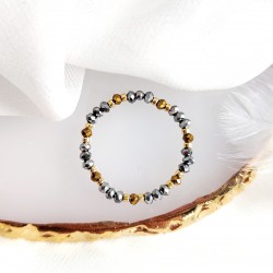 Pierścionek z koralików Srebrny Złoty kryształki elastyczny