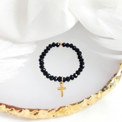 Pierścionek czarny z koralikami kryształkami zawieszka złoty krzyżyk