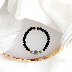 Pierścionek z Hematytem kolorowy czarne koraliki elastyczny