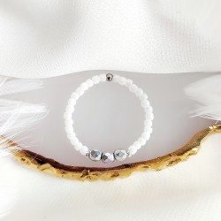 Pierścionek z Hematytem z koralików biały matowy srebrny hematyt