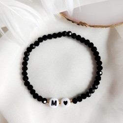 Bransoletka z koralików czarnych kryształków z Serduszkiem i z Literką