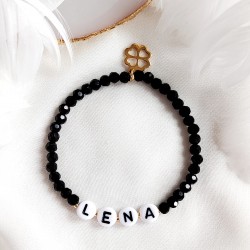 Bransoletka z imieniem z czarnych kryształków i z Koniczynką