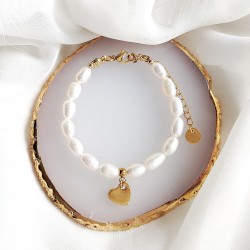 Bransoletka z Pereł naturalnych z zawieszką serce złote