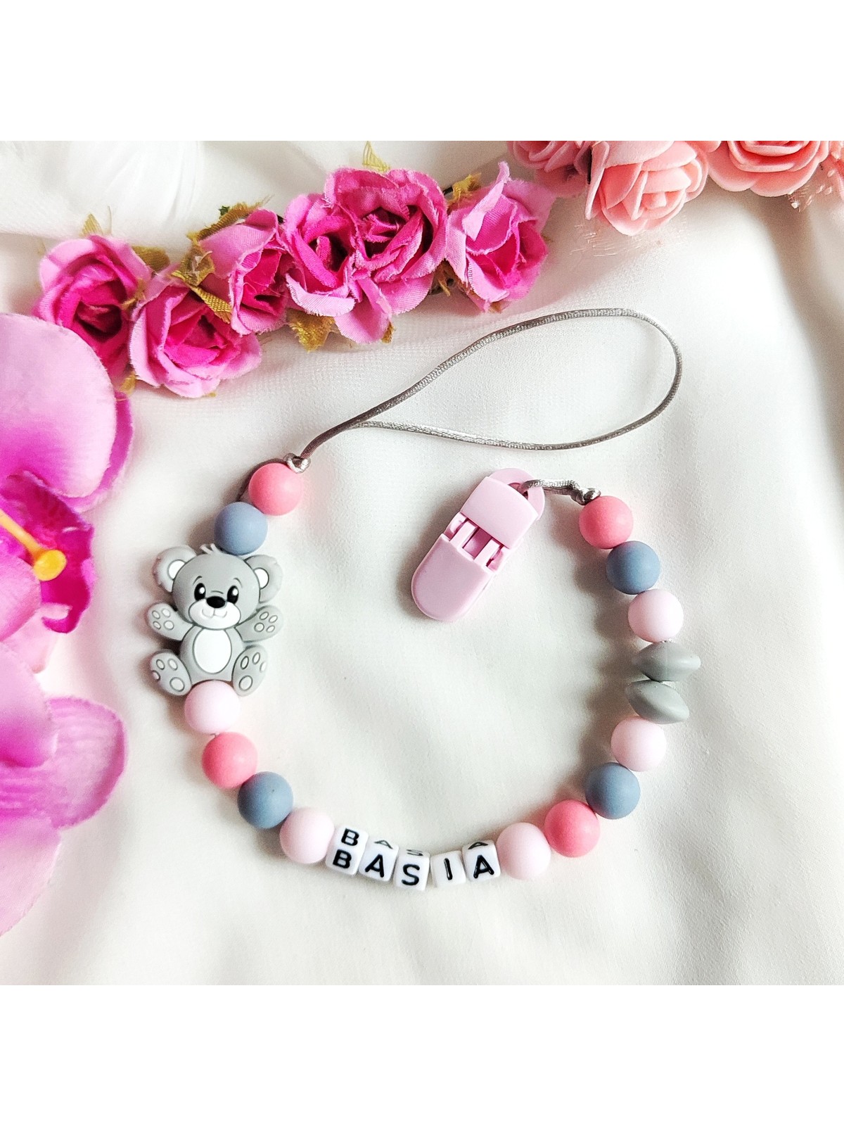 Personalizowana zawieszka do smoczka z imieniem dziecka różowa