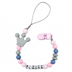 Różowo szara zawieszka do smoczka z imieniem dziecka