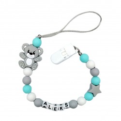 Zawieszka do smoczka z imieniem dziecka miętowo szara