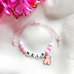 Bransoletka z imieniem Dziecięca różowa z misiem na sznurku