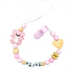 Zawieszka do smoczka z imieniem dziecka lekka przywieszka różowy beż