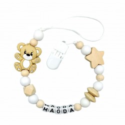 Zawieszka do smoczka z imieniem dziecka biało beżowa lekka