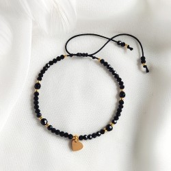 Bransoletka na sznurku z czarnych szlifowanych kryształków z zawieszką w kształcie serduszka