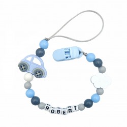 Zawieszka do smoczka z imieniem dziecka lekka niebieska szara