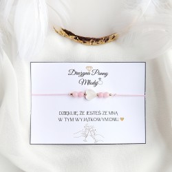 Bransoletka na delikatnym różowym sznurku z jadeitem oraz Serduszkiem z masy perłowej