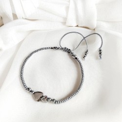 Bransoletka na Sznurku z Kamieni Naturalnych Hematyt Srebrne Serce