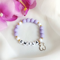 Bransoletka z imieniem dziecka fioletowa z misiem z koralików