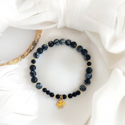 Bransoletka z kamieniami naturalnymi z koniczynką na szczęście Obsydian i Onyks