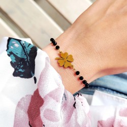 Bransoletka Złota Koniczynka czarne kamienie stal