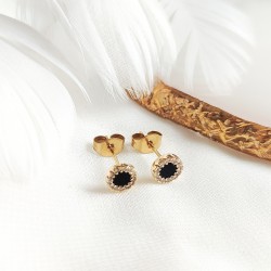 Kolczyki złote z czarnym oczkiem z cyrkoniami