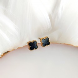 Kolczyki złote z Koniczynka Czarne oczka sztyfty