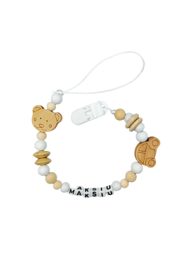 Zawieszka do smoczka z imieniem dziecka Beżowa biała drewniana