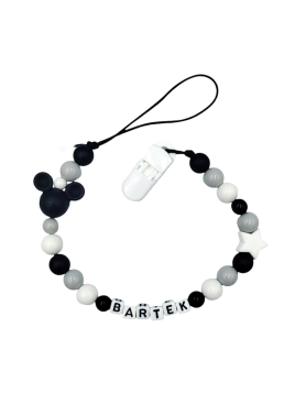 Zawieszka do smoczka z imieniem dziecka czarno szara