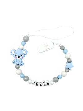 Zawieszka do smoczka z imieniem dziecka błękitna szara