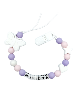 Zawieszka do smoczka z imieniem dziecka fioletowo różowa lekka