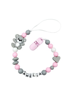 Różowo szara przywieszka do smoczka z imieniem