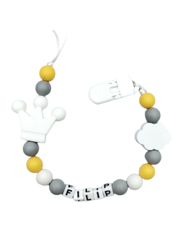 Zawieszka do smoczka z imieniem dziecka lekka przywieszka szaro żółta