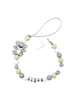 Zawieszka do smoczka z imieniem dziecka lekka przywieszka szaro zielona