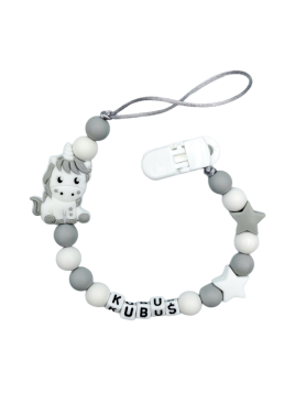 Szara lekka zawieszka do smoczka z imieniem dla dziecka