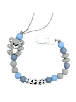 Zawieszka do smoczka z imieniem dziecka niebieska szara lekka