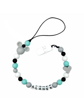 Zawieszka do smoczka z imieniem dziecka miętowa szara przywieszka