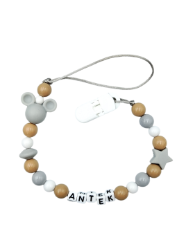 Zawieszka do smoczka z imieniem dziecka szara brązowa