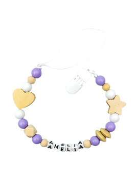 Zawieszka do smoczka z imieniem dziecka drewniana fioletowa przywieszka