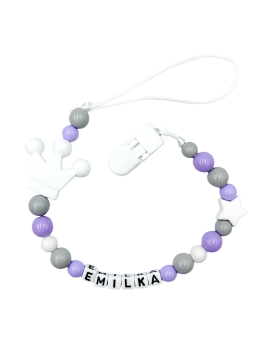 Zawieszka do smoczka z imieniem dziecka fioletowa lekka przywieszka