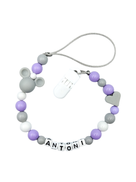 Zawieszka do smoczka z imieniem dziecka fioletowa szara