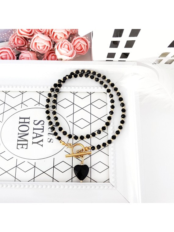 Naszyjnik z kamieni naturalnych CZARNY Onyks z Serduszkiem