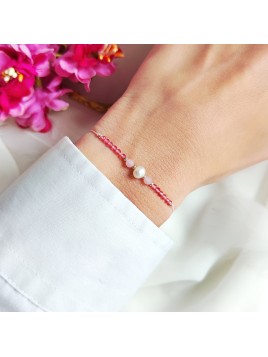 Bransoletka różowa z perłą jadeitem i spinelem na różowej nici