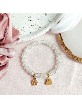 Bransoletka z białego kryształu z zawieszkami serce i koniczynka