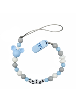 Zawieszka do smoczka z imieniem dziecka szaro błękitna