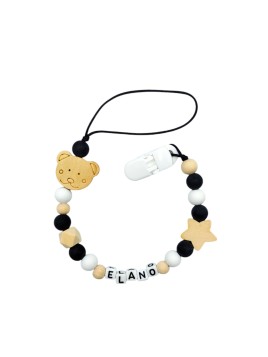 Zawieszka do smoczka z imieniem dziecka czarna beżowa drewniana lekka