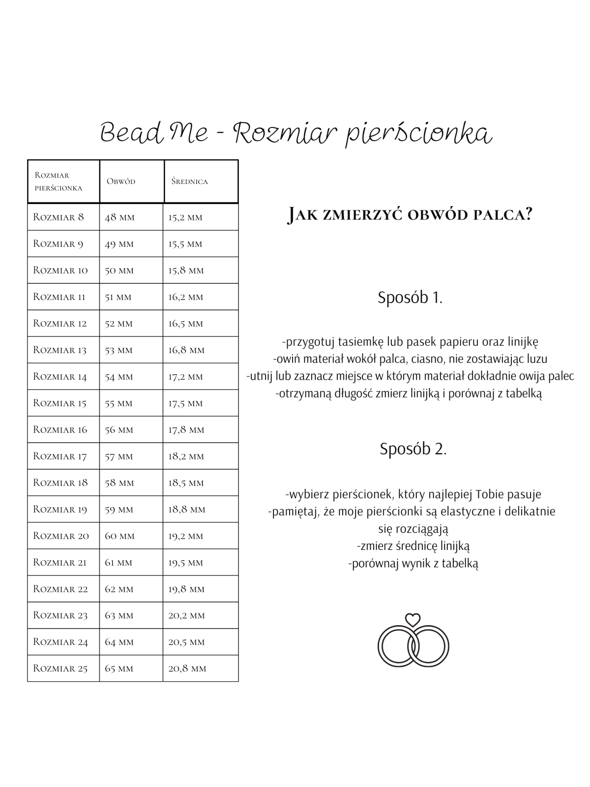 Rozmiary pierścionka z koralików