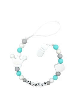 Zawieszka do smoczka z imieniem dziecka miętowo szara