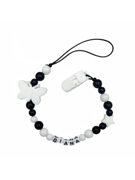 Zawieszka do smoczka z imieniem dziecka czarno biała