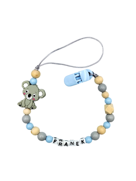 Zawieszka do smoczka z imieniem dziecka niebieska szara beżowa