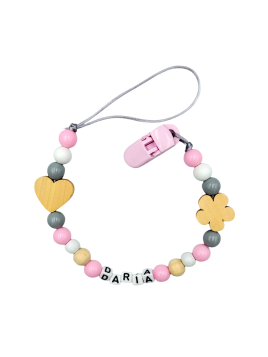 Zawieszka do smoczka z imieniem dziecka Łańcuszek różowa szara